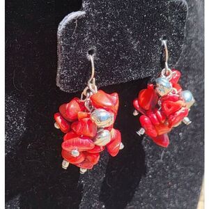 Vintage Sterlnig Silver Bunch Coral Chip Dangle Earrings 1.5"